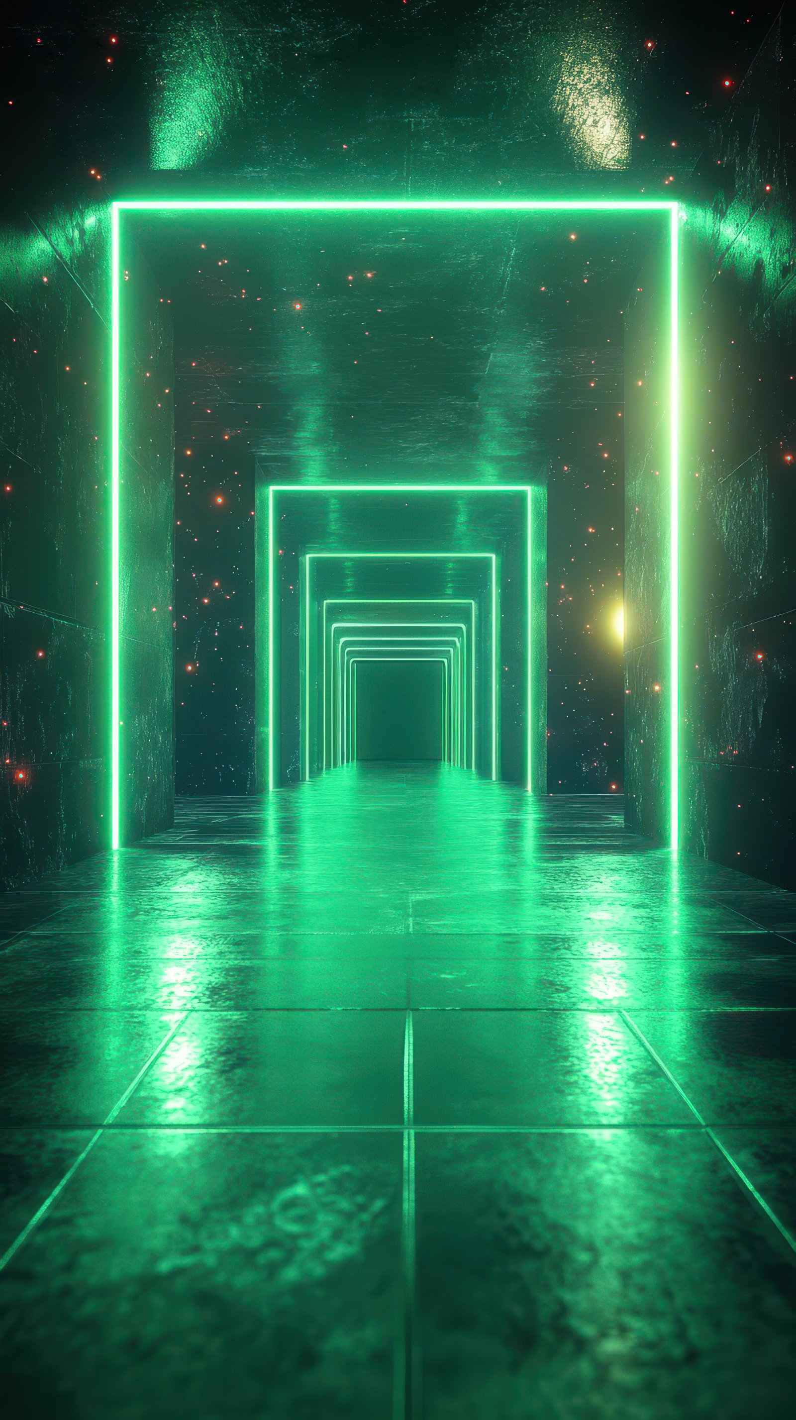 Neon-lit corridor with glowing green lights creates a futuristic atmosphere at night